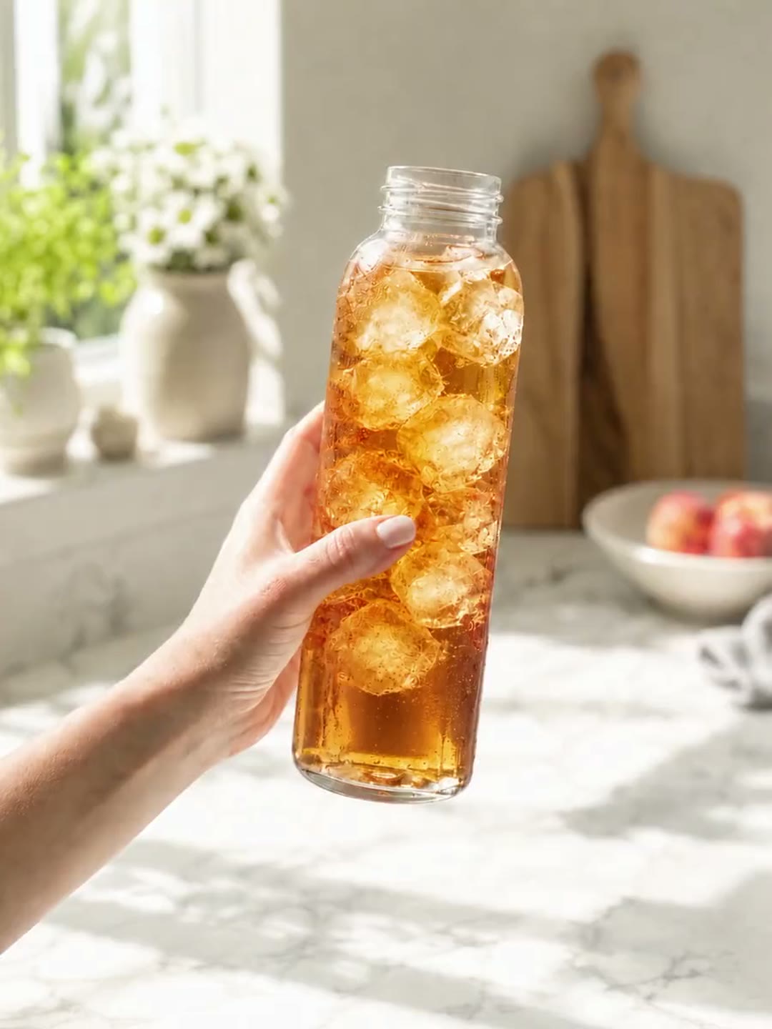 A bottle of VeryVery peach iced tea over ice, held in a sunlit kitchen